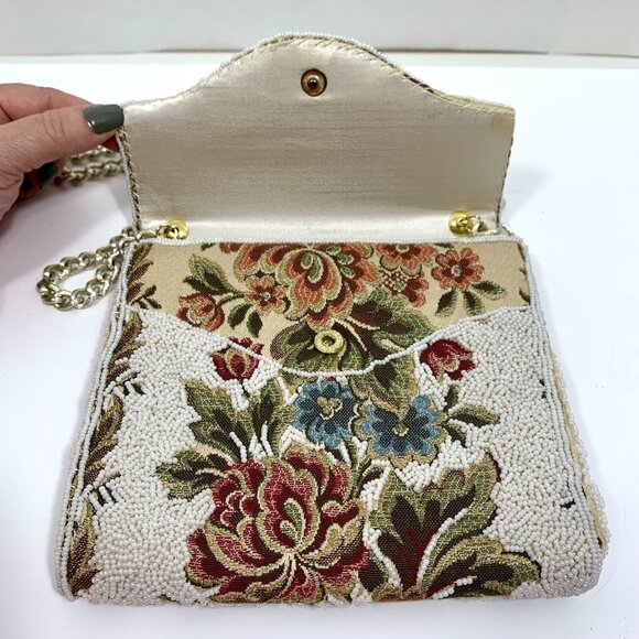Stunning Embellished White Seed Beaded Tapestry Shoulder Handbag Chain Strap VTG - Picture 6 of 14